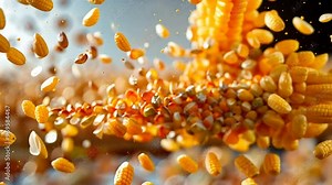 Corn Kernel Explosion: A captivating burst of vibrant yellow corn kernels explodes into the air, creating a mesmerizing visual spectacle. The kernels dance in a whirlwind of motion, highlighting the b