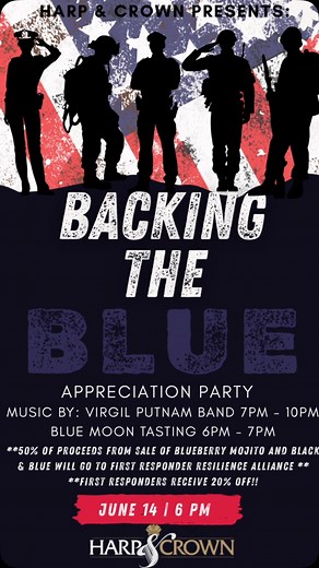 Harp & Crown proudly presents: 🎶 Backing the Blue Appreciation Party 🎶 📅 June 14 | 6 PM 📍 Harp & Crown LKN We’re coming together on Flag Day to show our gratitude for the brave first responders of Lake Norman with an unforgettable night of music, community, and appreciation. 🎸 Enjoy a live performance from the Virgil Putnam Band — led by one of Lake Norman’s own police officers — from 7–10 PM! 🍺 Sip on a special Blue Moon tasting from 6–7 PM. 💙 Plus, 50% of proceeds from every Blueberry M