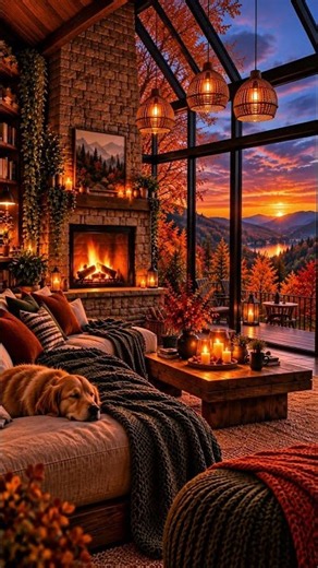 Autumn Cabin at Sunset 🍂| Fall Ambience