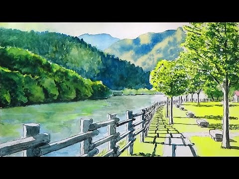 湖畔の散歩みち (透明水彩風景画) Lakeside promenade【Watercolor 】