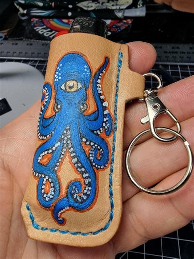Hand-stitched Tattooed Leather Lighter Case - Blue Third Eye Octopus Tattoo Design - Custom BIC Holder - Etsy