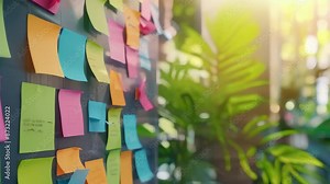 Colorful sticky notes with handwritten messages on a glass wall surrounded by greenery. Creative and dynamic workspace. Ideal for brainstorming sessions and project planning concepts