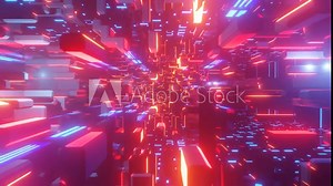 Hi-tech neon sci-fi tunel. Trendy neon glow lines form pattern and construction in mirror tunnel. Laser show Fly through technology cyberspace. 3d looped seamless 4k bright background. Obstacle course