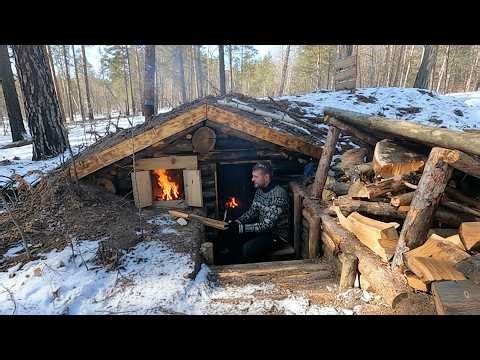 Winter Survival in My Underground Log Cabin - Hidden Forest Bunker Life