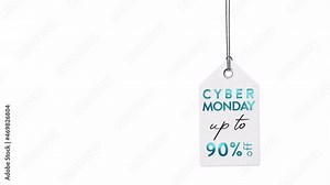 This stock motion graphics video pack includes 9 animated Cyber Monday Drop Tags featuring percentage-off discounts with entry and exit animations on transparent alpha channel backgrounds. Each clip