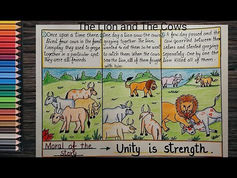 How to draw moral story of The Lion and Cows chart drawing l Unity is strength moral story drawing
