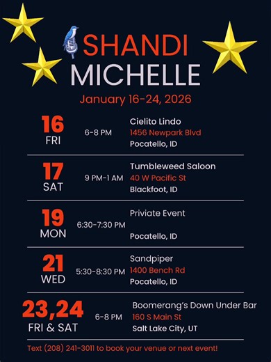 🎶January 16–24: Live Music🎶 From Southeastern Idaho to downtown Salt Lake City, I’m hitting the stage January 16–24 with a lineup of live performances you won’t want to miss. My shows blend multiple genres—from soulful classics and powerful ballads to upbeat crowd-favorites and modern hits—so there’s truly something for everyone. Whether you’re out for a laid-back night, a high-energy vibe, or just great live music that connects, each show brings a unique experience and a sound that crosses bo