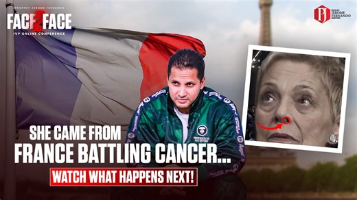 She came from France battling cancer, and one prophetic encounter changed everything! After receiving a miracle that defied medical logic, she returned from France to testify - completely healed from a life-threatening cancer! What God did for her, He can do for you! If you're facing the impossible - don’t miss the Face2Face Online IVP Conference with Prophet Jerome Fernando 🗓 16th–20th June 🕕 6 PM (IST) 📍 Live on Zoom Register now: www.time2soar.org/onlineivp Copyright Statement * Copyright 