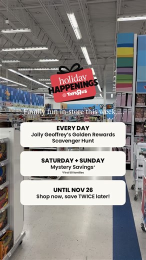 Toys"R"Us Canada on Instagram: "✨NEW✨ on the list of Holiday Happenings: 🛍️Make ANY purchase in-store Nov. 6–26 + get a coupon you can use TWICE: in Dec and again in Jan. You could save UP TO $20 each time! Add that awesome offer to: 🔎Jolly Geoffrey’s Golden Rewards Scavenger Hunt AND ❓Mystery Savings Cards for the first 50 families at every store every Saturday and Sunday! Can’t wait to see youuuuuuuu! 🤩 Du ✨NOUVEAU✨ sur la liste des événements des Fêtes : 🛍️Faites TOUT achat en magasin du