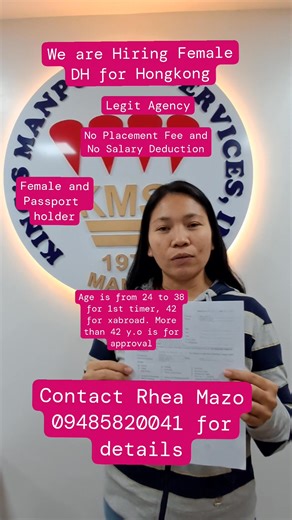 King's Manpower Services, Inc DMW-315-LB-04022024-R We are hiring Female DH for Hongkong and Malaysia. HK Salary is 5100HKD. NoPlacementFee NoSalaryDeduction NoBrokersFee Process is Biodata Selection | King's Manpower Services, Inc