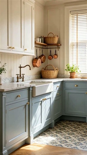 Timeless French Country Kitchen with Marble Backsplash & Brass Hardware