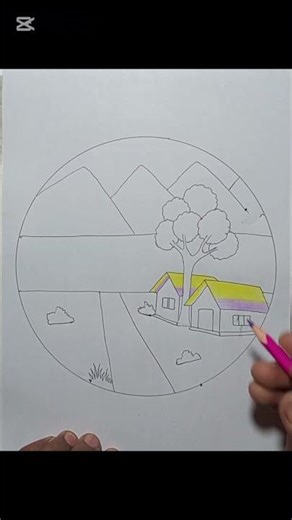 how to draw mountain view and village house drawing by|HF Easy Drawing|