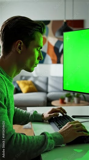 Green Screen side view of man sitting in front computer with big mock up chroma typing on the keyboard he is living room his house scene 1 distortion, overlay, glitch, static noise, scan lines black
