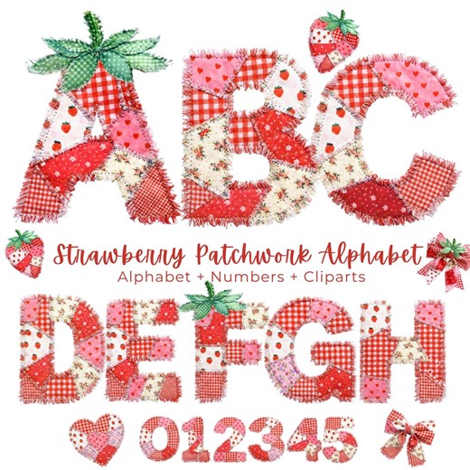 Strawberry Patchwork Alphabet PNG Bundle, Vintage Quilted Strawberry Letters, Coquette Cottagecore Png, Spring Summer Sublimation Alphabet - Etsy