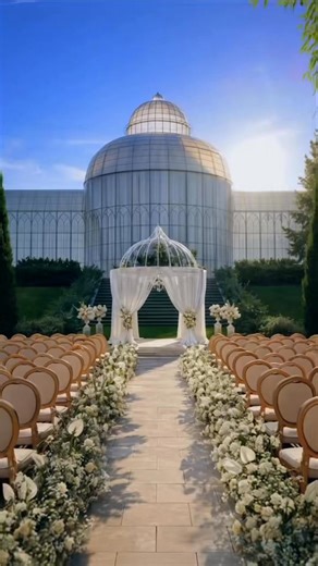 The Garden wedding ceremony took place under the pillars surrounded by lush greens and gorgeous floral's accented by a lavish aisle treatment and filled of white roses. For guest seating, we opted for our elegant Versailles cane white chairs. For the bride and groom, Our Toulouse accent chair were perfect to complete the ceremony design. | Crystal Palace of AQuila in the sky