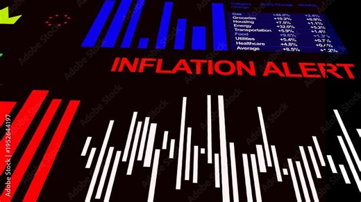 Animated financial dashboard showing rising inflation rates and CPI data with alert indicators. The video presents increasing cost of living metrics, including categories such as energy, food, and hou