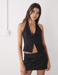 Monki halter neck open back zip front waistcoat in black | ASOS