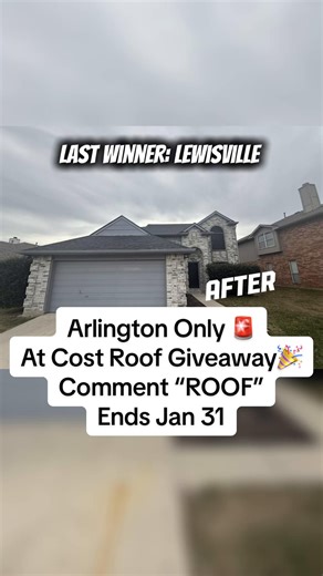 Arlington Only 🚨 1 Homeowner gets a roof at our cost (Material Labor) Roof 15 years old? Comment ROOF or DM Me ROOF. • Ends Jan 31 • Winner will be announced publicly. #HuerteroGiveaway #Arlintonroofing #arlingtontx #roofing #dfwroofing