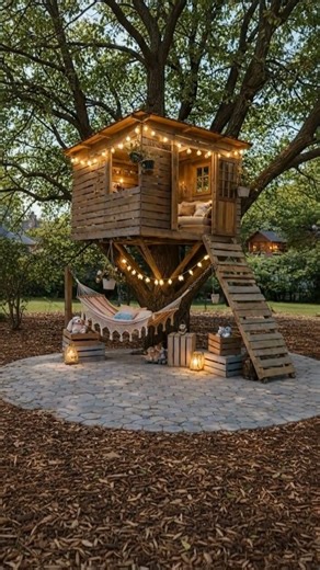 Natural log cabin on Instagram: "The Coziest Treehouse Hideaway Under Twinkle Lights. Rustic wooden treehouse built around a large tree with string lights, open door showing a cozy cushioned nook inside, hanging plants, wooden ladder steps, hammock underneath, lanterns on the ground, and a small seating area made with crates in a leafy backyard. Be honest, are you climbing up first, or claiming the hammock? #cozyvibes #cabinlife #love #nature #reels #cottagecore"