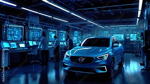 A blue Volvo car is parked in a large room with concrete floors and exposed pipes in the ceiling. There are several computer stations along one wall, and two people in lab coats are working at them.