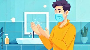 How to protect yourself from Coronavirus infection from 2019-nCoV outbreak. Animation a man wearing mask, washing hand, covering his sneeze. Illustration, 4k cartoon animation