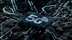 Wireless Technology Concept with 5G symbol on a Microchip. White Neon Data flows from the CPU across a Futuristic Motherboard. Seamless Loop.