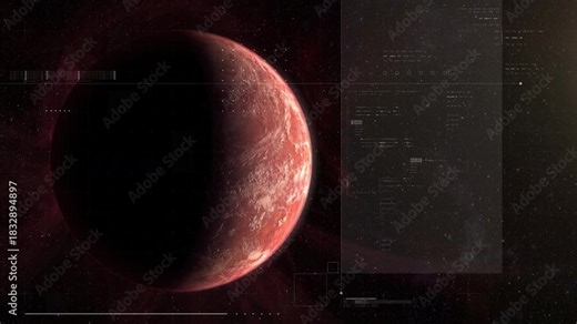 Alien planet with cinematic HUD targeting interface and deep space backdrop, creating a high-tech sci-fi surveillance and exploration atmosphere