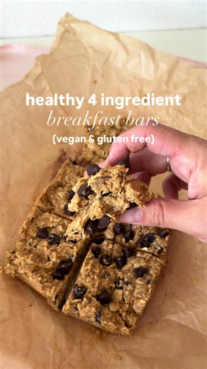 4 INGREDIENT BREAKFAST BARS (vegan gluten free) simple grab on the go bars! perfect for breakfast or a quick snack yields 6 bars ingredients 1/2 cup creamy peanut butter 1/4 cup maple syrup 2/3 cup gf oat flour (2/3 cup blended gf oats) 2/3 cup gf oats (any desired toppings- chocolate chips, chia seeds, dried coconut, nuts) *mix together all ingredients, apart from the toppings, until smooth. *spread the mixture into a loaf pan lined with parchment paper. press down with a spatula or with your h