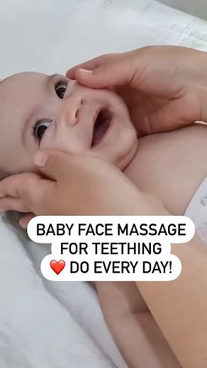 How happy is this baby getting a massage? If your baby will let you, massage his or her face, forehead, jaw, and chin using small circles with your fingers. 1. Rub right above their top lip for 1 minute 2. Using pads of fingers, massage their chin to help relieve tension and pain of teething. 3. Don't forget the jaw line running from ears to chin. Massage in long strokes and small circles for 2 minutes. Teething may leave your baby tense and slightly stressed so do a full body massage every day.
