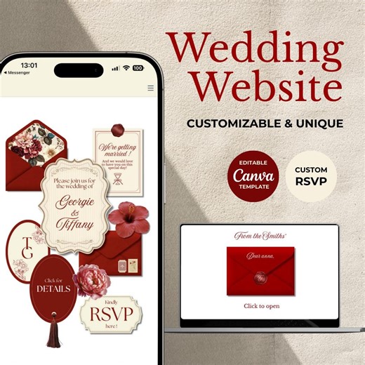 Burgundy, Red & Ivory Floral Wedding Website Template | Editable Canva Digital Invitation With RSVP - Etsy