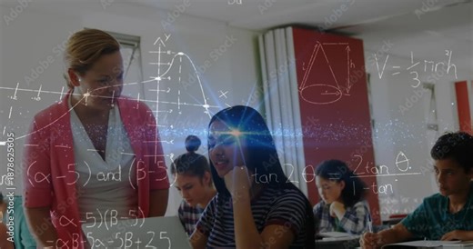 Animation of math formulas moving over caucasisan female teacher helping girl at school