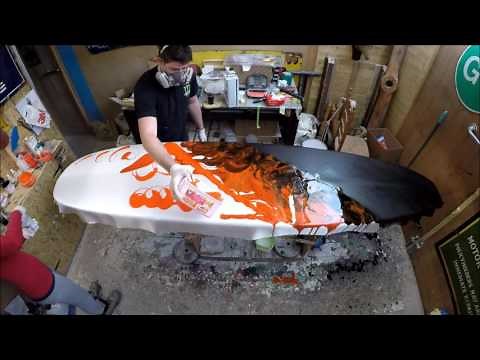 Electrofish Surfboards Glassing a Lava Resin Swirl Longboard Surfboard GoPro Resin Art Surf Craft