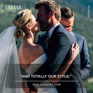 Erin Andrews's reception jumpsuit and JIMMY CHOO heels were everything 😍 See all of the exclusive details from her mountain-top wedding with Jarret Stoll here: http://bit.ly/2x6j0BL | Harper's Bazaar