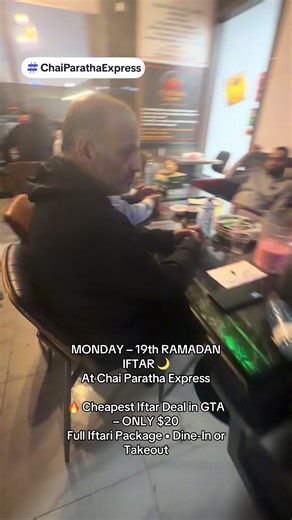 MONDAY – 19th RAMADAN IFTAR 🌙 At Chai Paratha Express 🔥 Cheapest Iftar Deal in GTA – ONLY $20 Full Iftari Package • Dine-In or Takeout Sample Menu Includes: Chicken Karahi Chicken Tikka Reshmi Kabab Veg Biryani Chana Masala Daal Tarka Suji Butter Halwa Achar & Chatni Nan or Paratha Dates Rooh Afza Chana Chat Dahi Bara Fruit Chat Bottle Water ☕ Karak Chai ✨ Menu changes every day so you can enjoy something new daily! ⏰ Iftar Deal Available Daily from 5 PM until Maghrib Azan ⚠️ For Iftar reserva
