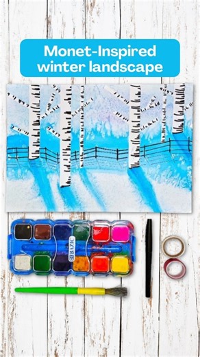 Kids Art Box | Arts & Crafts Kits on Instagram: "Monet-Inspired winter landscape ❄️ Based on the art piece "The Magpie"! Older kids will love making this easy but stunning piece! Here is what you need: 👉 Watercolor paper 👉 2 rolls of washi tape of different thickness 👉 Water 👉 Large paintbrush 👉 watercolor palette 👉 Salt 👉 Black marker Here are the steps: ❄️First, add the wide washi tape to the watercolor paper to make trees. Use the thinner tape to make branches. ❄️ Cover the entire shee