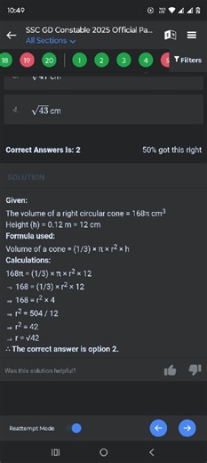 Given: The volume of a right circular cone = 168π cm³ Height (h... | Filo