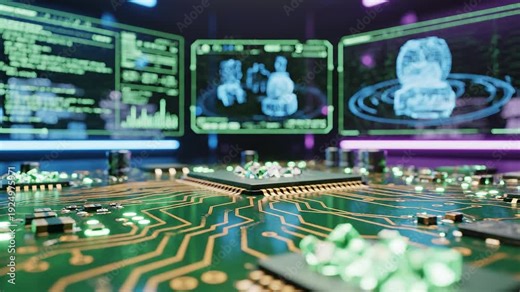 Close-up of a computer chip on a circuit board with multiple screens displaying code and 3D models in a high-tech laboratory setting