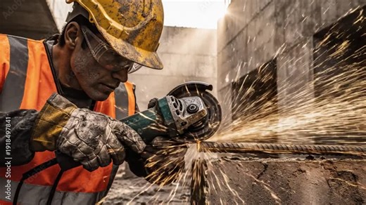 Construction worker using an angle grinder to cut through rebar on a building site, sparks flying