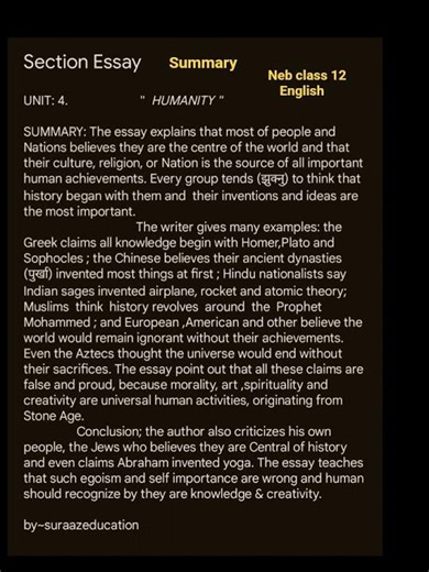 || Humanity summary class 12 English||#suraazeducation #neb #nebclass12#