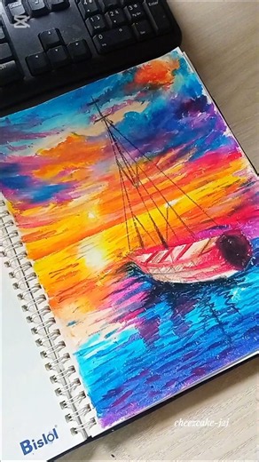 Easy Sunset Sailboat Oil Pastel Drawing 🌅⛵#oilpasteldrawing #sailboat #shorts