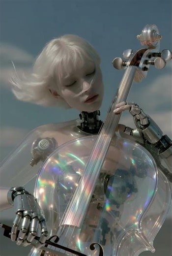 robotic plays a translucent cello against a clear sky, in a surreal futuristic style.