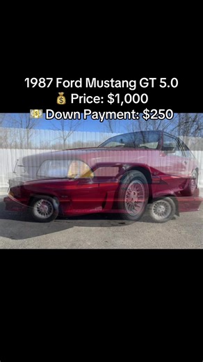 1987 Ford Mustang GT 5.0 – 5-Speed Manual 💰 Price: $1,000 💵 Down Payment: $250 📍 36,000 miles shown 🔧 5.0-Liter V8 Engine ⚙️ 5-Speed Manual Transmission 🎨 Medium Cabaret Red Exterior 🪑 Medium Gray Cloth & Vinyl Interior Features & Options: \t•\t15” Factory Wheels \t•\tFog Lights \t•\tRear Spoiler \t•\tPower Lumbar Front Seats \t•\tCruise Control \t•\tAir Conditioning \t•\tCassette Stereo with Graphic Equalizer \t•\tPower Windows, Locks & Mirrors A classic Fox-body Mustang GT with the iconi
