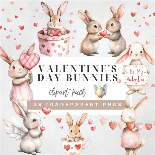 Valentine Bunny Clipart, Cute Watercolor Bunnies, Love Hearts Animals, Valentine Graphics for Cards, Stickers, Scrapbook - Etsy UK