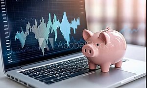 Explore the correlation between personal finance and data analysis, illustrated by a piggy bank beside a laptop showcasing financial trends and graphs in a contemporary setting