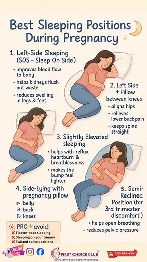 Pregnant and can’t get comfortable at night? Here are the BEST sleeping positions for safe, peaceful rest ✨ Save this for bedtime!” Sleeping comfortably during pregnancy is a challenge — but the right positions can improve blood flow, reduce back pain, and help you sleep deeper. Here are the safest & most recommended sleeping positions for moms-to-be: ⸻ ✔️ 1. Left-Side Sleeping (SOS – Sleep On Side) This is the best position during pregnancy. 💗 Improves blood flow to baby 💗 Helps kidneys flush