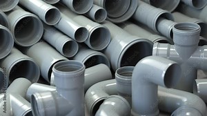 PVC plastic pipes and tubes for sewage systems in warehouse. 3d animation