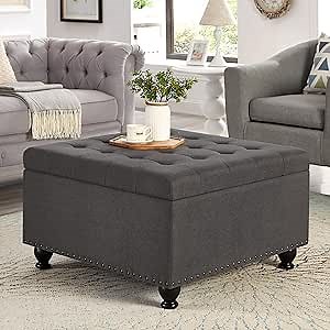 Large Square Ottoman with Storage 30 Inch Storage Ottoman Coffee Table, Oversized Coffee Table with Wooden Legs & Nail Trims, Tufted Upholstered Tufted Footstool for Living Room, Entryway, Grey
