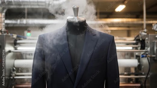 Industrial steam tunnel gently smoothing fabric on suit sets enhancing lapels and seams with precise heat and pressure in a professional garment manufacturing line.