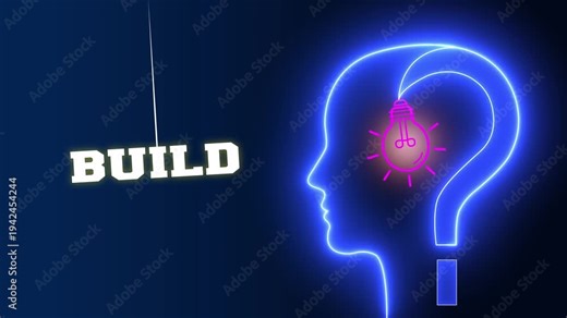 Build text sign swinging besides a glowing neon blue human head profile with a pink light bulb and question mark representing construction of creative ideas and mind