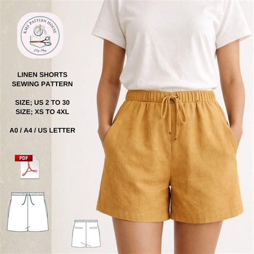 Linen Shorts Sewing Pattern, Relaxed Fit Drawstring Shorts With Pockets (PDF Download) - Etsy